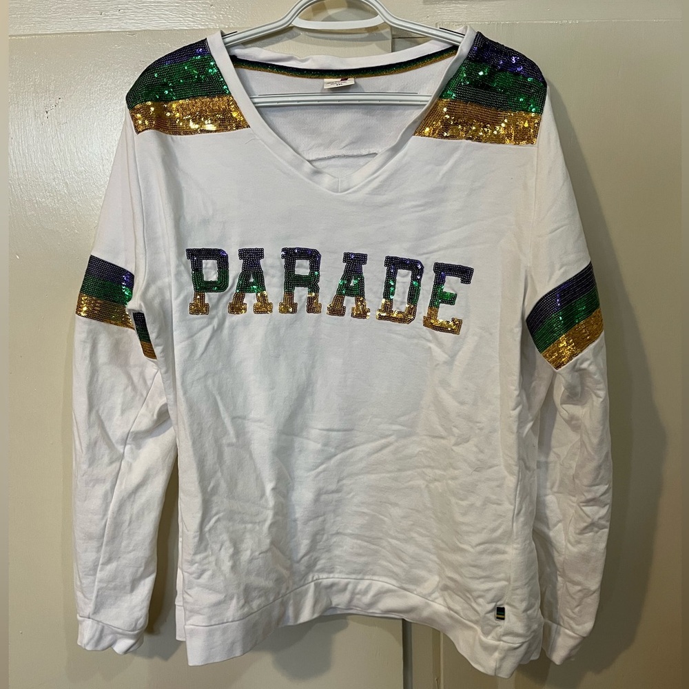 Long Sleeve Mardi Gras White Parade Sequin top